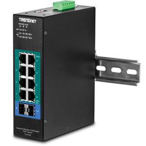 TRENDnet TI-PG102i 10-Port Gigabit Ethernet Switch, 8 Gigabit PoE+, 2 SFP slot, 20 Gbps switching capacity, DIN-rail mount